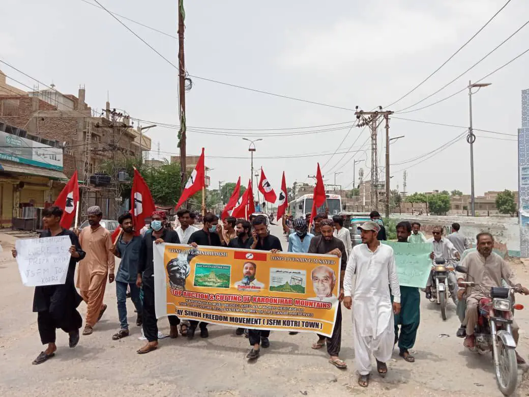 #JSFM protests rallies against Auctioning of Kaoonjhar Mountains, Enforced Disappearance of Sindhi Nationalist & against Forced Conversion of Sindhi Hindu Girls & against the settlement of foreign Afghan in Sindh 626 IMG 20230806 221029 568