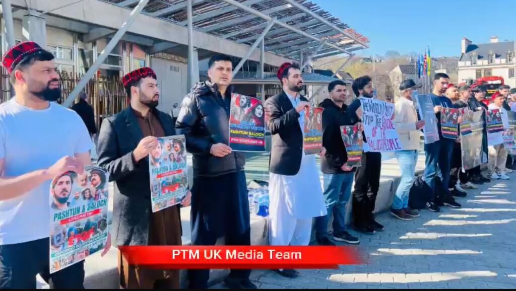 the Pashtun Tahafuz Movement United Kingdom (PTM UK) actively participated in a protest demonstration held in front of the Scottish Parliament in Edinburgh. The protest, led by members of the Baloch diaspora in the UK, called for the immediate release of detained Pashtun and Baloch activists and condemned ongoing human rights violations in Pakistan, particularly targeting marginalized ethnic communities.