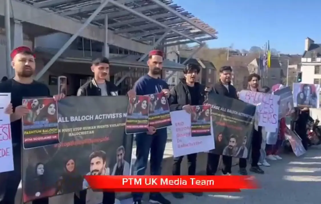 the Pashtun Tahafuz Movement United Kingdom (PTM UK) actively participated in a protest demonstration held in front of the Scottish Parliament in Edinburgh. The protest, led by members of the Baloch diaspora in the UK, called for the immediate release of detained Pashtun and Baloch activists and condemned ongoing human rights violations in Pakistan, particularly targeting marginalized ethnic communities.