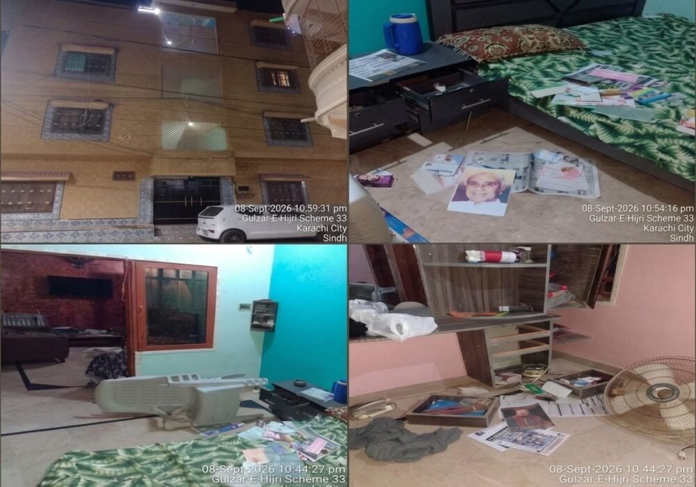 On 8 September 2026 at approximately 9:30 p.m., nine unidentified and reportedly armed individuals, allegedly linked to Pakistani security and intelligence agencies, arrived in two vehicles and reportedly raided the Karachi residence of Sarang Hyder (Sarang Sindhi)