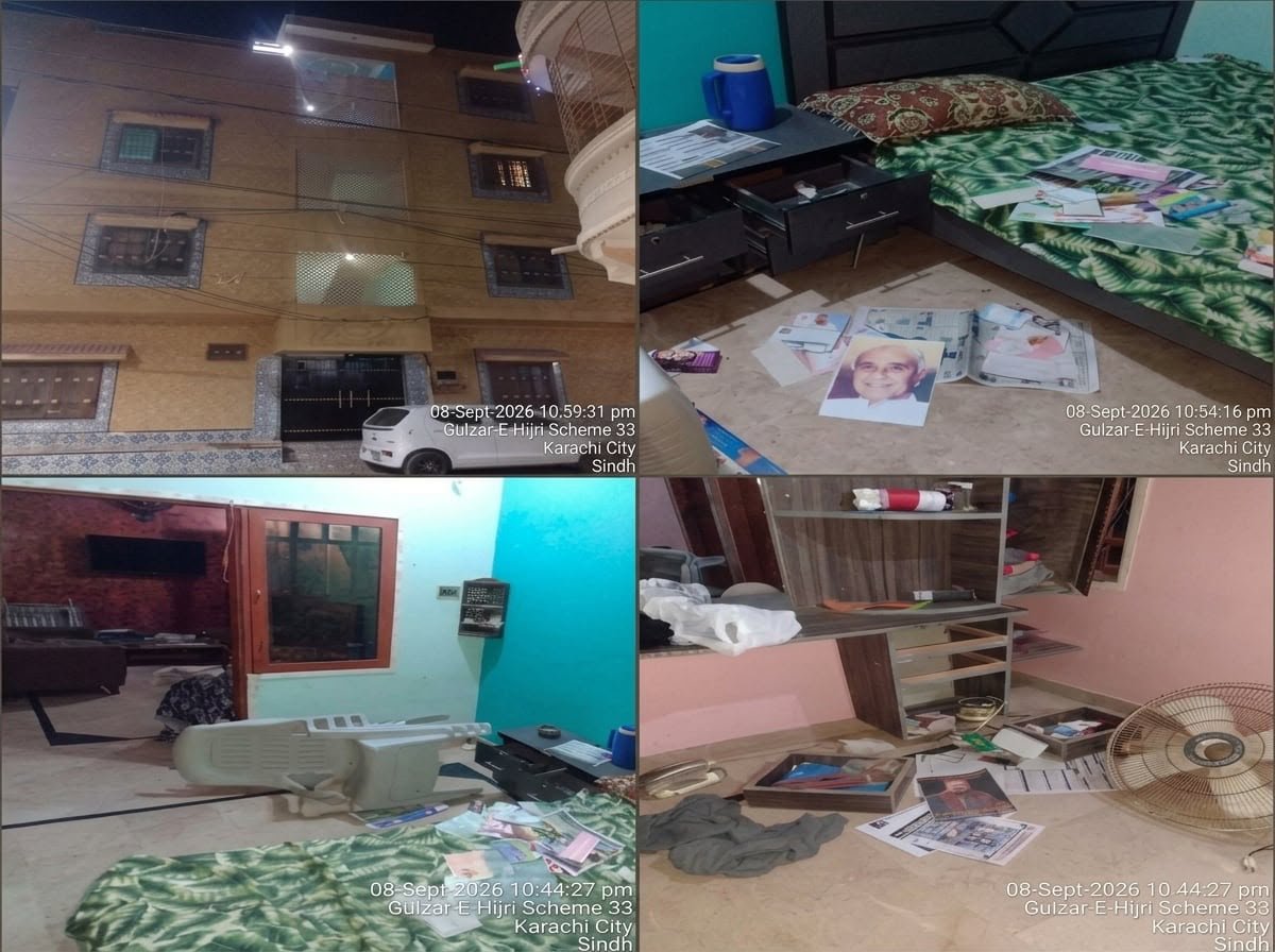 On 8 September 2026 at approximately 9:30 p.m., nine unidentified and reportedly armed individuals, allegedly linked to Pakistani security and intelligence agencies, arrived in two vehicles and reportedly raided the Karachi residence of Sarang Hyder (Sarang Sindhi)